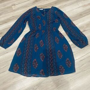 Maurices Teal Floral Boho Mini Dress Long Sleeve Elastic Waist XS-164